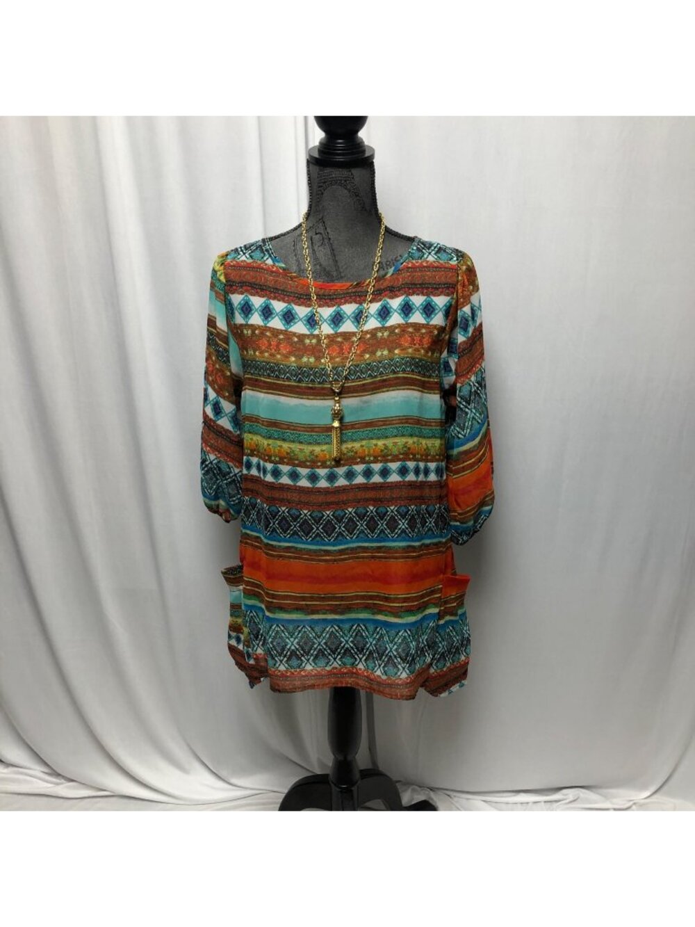 Lily White Top Womens Size Medium Rust Teal Stripe Sheer Lightweight Blouse